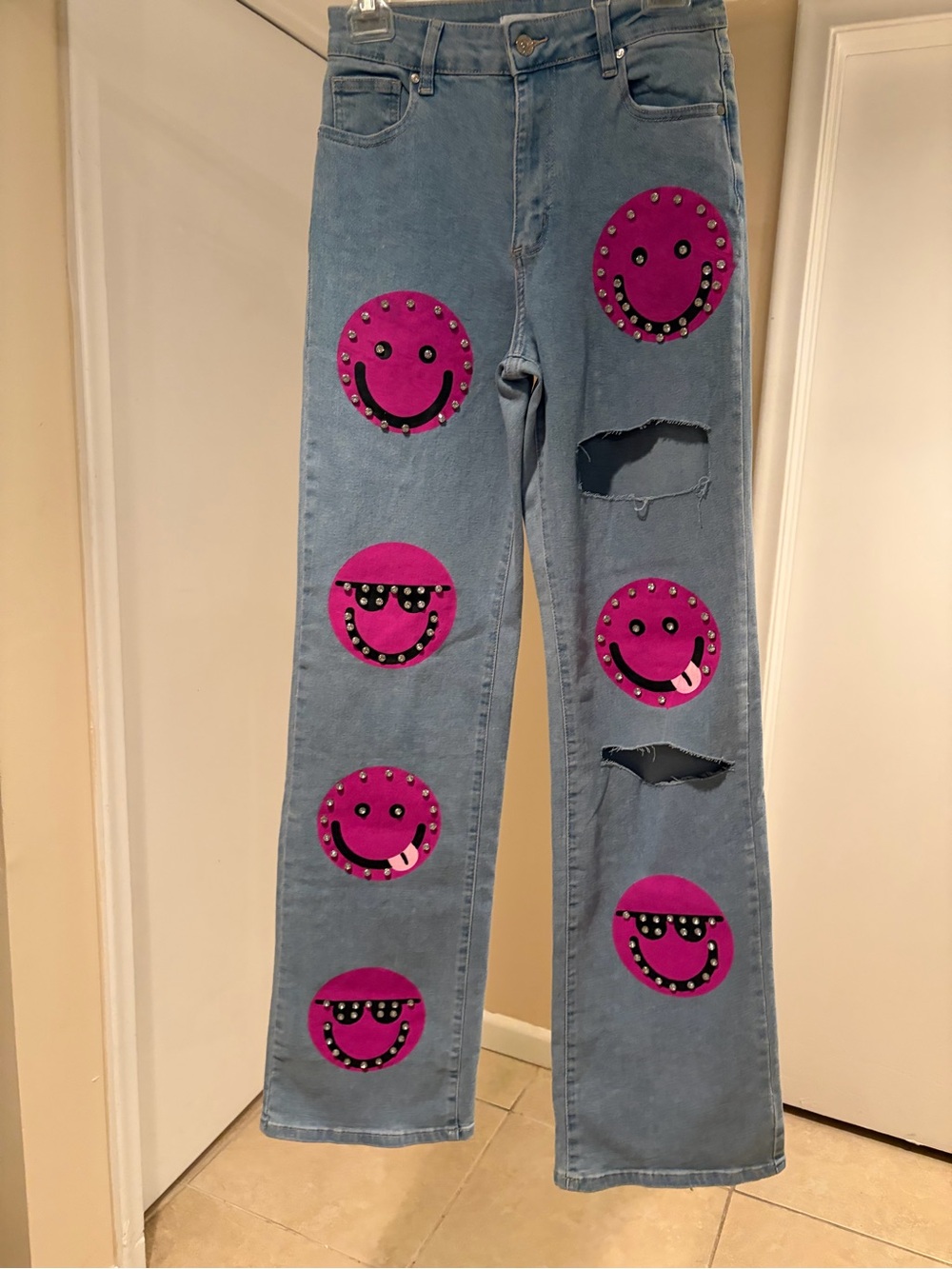 NY Collection Light Blue Flare Jeans with Hot Pink Smiley Patches